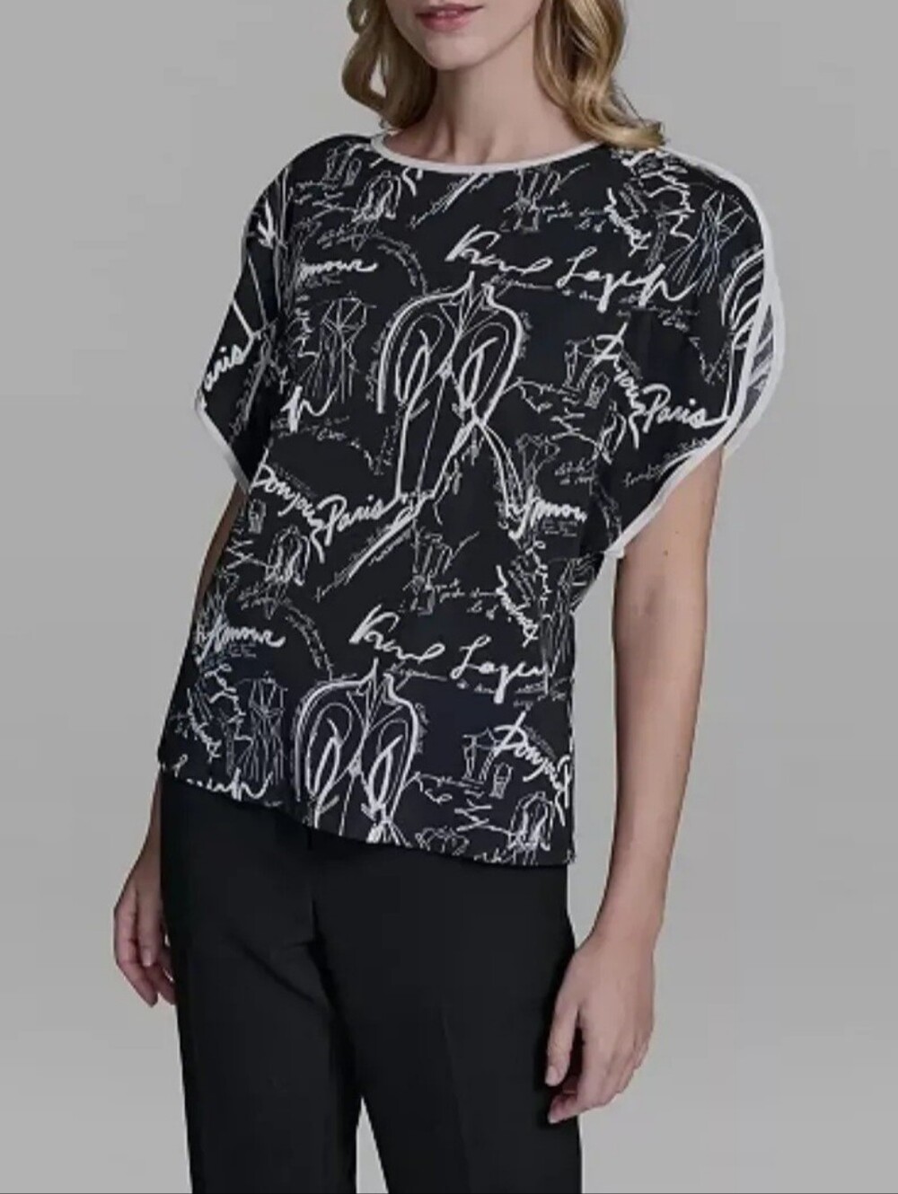 Karl Lagerfeld Black Graphic Short-Sleeve Blouse with White Sketch Print